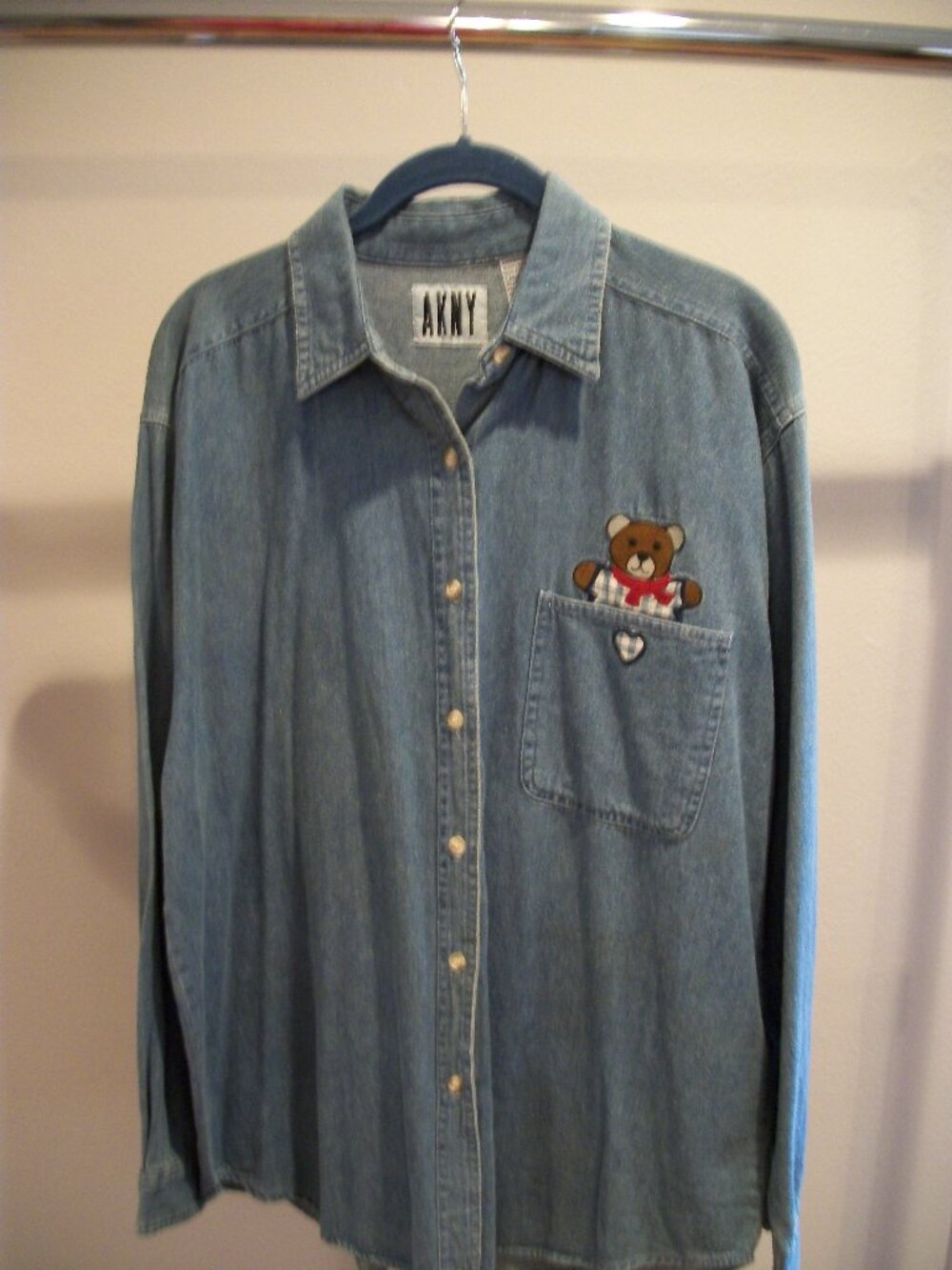 AKNY Vintage Denim Button Down Shirt With Bear on Pocket Sz L NWT